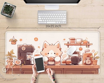 Lo-fi kawaii cat cafe Anime XXL desk mat RGB, Cute Pastel beige brown large Gaming mouse pad, Kawaii aesthetic extended mousepad wrist rest
