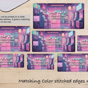 May include: A collection of rectangular mats with a vibrant arcade game scene in pink and blue hues. Sizes range from 12"x31" to 23.5"x47.5". The mats have matching color stitched edges and are printed on white mats.