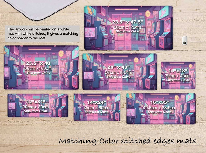 May include: A collection of rectangular mats with a vibrant arcade game scene in pink and blue hues. Sizes range from 12"x31" to 23.5"x47.5". The mats have matching color stitched edges and are printed on white mats.
