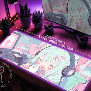 Pastel Pink Anime cute cat girl desk mat, Japanese kawaii girl gamer Shoujo gaming mouse pad RGB, Ergonomic gel mousepad wrist rest support