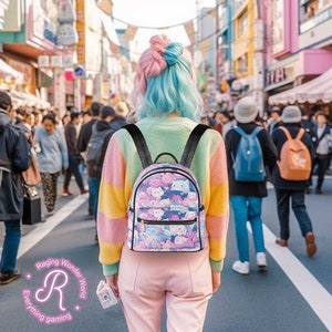 Sac à dos en cuir végétalien rose pastel anime kitty, sac ita chats kawaii, mini sac à dos Rave Harajuku, sac à dos mignon imprimé chat pour femme