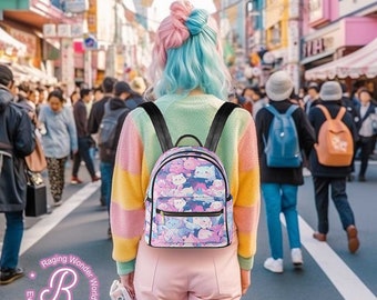 Pastell Pink lila Anime Kitty Rucksack aus veganem Leder, Kawaii Katzen Ita Bag, Mini Rave Harajuku Rucksack Tasche, Frauen niedlicher Katzen Druck Rucksack