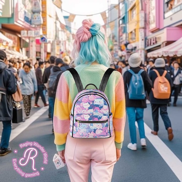 Pastel Pink purple anime kitty vegan leather backpack, Kawaii cats ita bag, mini Rave Harajuku backpack bag, women cute cat print backpack