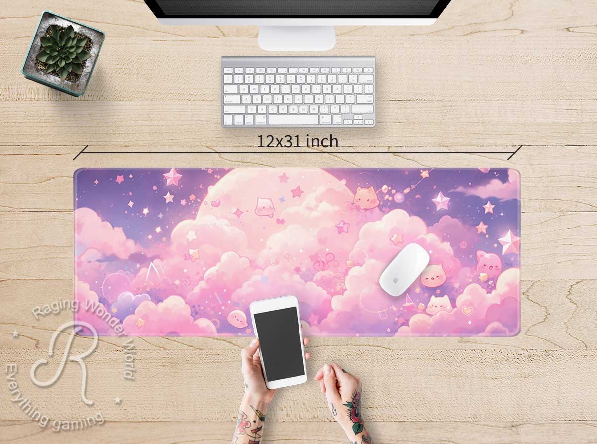 Kawaii Pink Cloud Cute Cats Anime XXL Desk Mat RGB, Big Moon Pastel ...