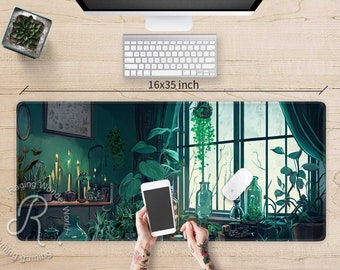 May include: A green and blue illustrated mouse pad with a window view, plants, and candles. The text "Raging World" is on the left side of the mouse pad. The mouse pad is 16x35 inches.