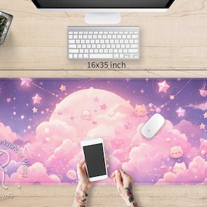 Kawaii Pink cloud cute cats Anime XXL desk mat RGB, Big moon Pastel large Gaming mouse pad, Kawaii aesthetic extended mousepad wrist rest