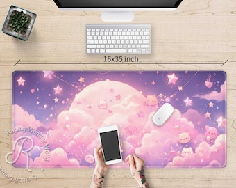 Kawaii Pink cloud cute cats Anime XXL desk mat RGB, Big moon Pastel large Gaming mouse pad, Kawaii aesthetic extended mousepad wrist rest