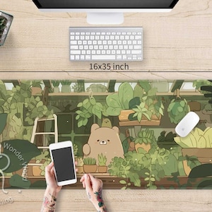 Cute bear green house Lo-fi desk mat RGB, Korean style art Gaming LED mouse pad, Kawaii aesthetic silicone mousepad wrist rest gift for teen