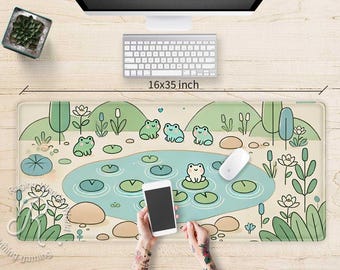 Kawaii Green Frog Japanese Anime XXL desk mat RGB, Cute cottagecore Lo Fi Gaming mouse pad, Kawaii aesthetic silicone mousepad wrist rest