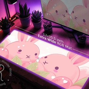 Giant chubby bunny desk mat anime, Stitched edges pastel pink gaming mouse pad RGB, mousepad wrist rest Japanese kawaii aesthetic desk setup
