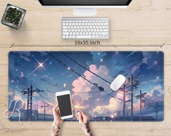 May include: A colorful anime-style mousepad with a sky scene featuring clouds, stars, and power lines. The mousepad is 16x35 inches and has the text "Raging World" on the left side.