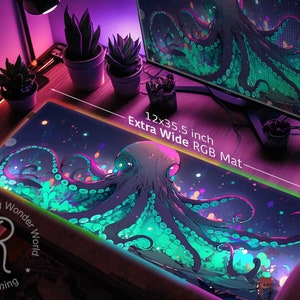 Neon Green Purple Vaporwave Monster Octopus Anime XXL desk mat RGB, Cute cephalopod large Gaming mouse pad, extended mousepad wrist rest