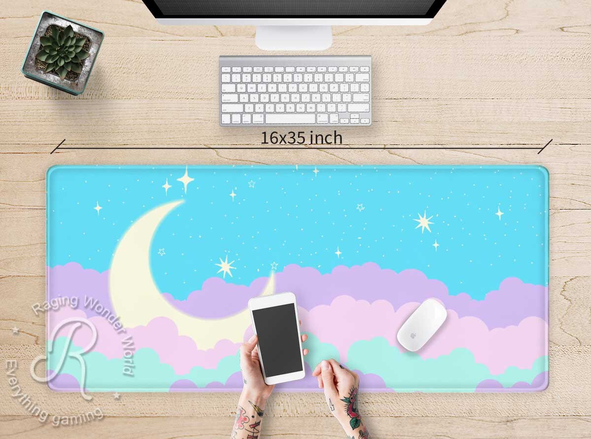 Kawaii Pastel Rainbow Cloud Sky Desk Mat RGB, Cute Big Anime Moon ...