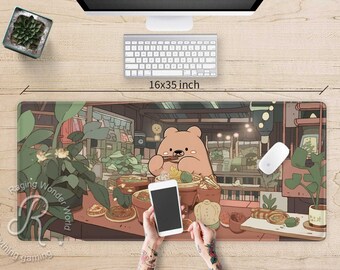 Cute Japanese Anime XXL Lo-Fi desk mat RGB, Cute Bear noodle shop Gaming LED mouse pad, Kawaii aesthetic silicone mousepad wrist rest gift