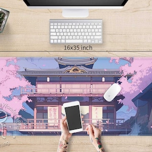 Tapis de bureau paysage anime fleurs de cerisier mignon, château japonais pastel XXL large tapis de souris de jeu RVB, tapis de souris avec repose-poignets