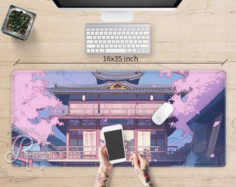 May include: A pink and blue anime-style mousepad featuring a Japanese temple with cherry blossoms. The mousepad is 16x35 inches and has the text "水仙花" and "水木" on it.