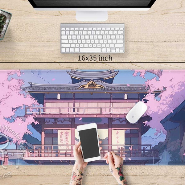 Cherry blossom Anime landscape desk mat cute, Japanese castle pastel XXL gaming wide mouse pad RGB, mousepad wrist rest support desk pad