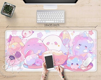 Kawaii ästhetische Anime Jello Zeichen Schreibtischmatte niedlich, japanischer niedlicher Geist XXL Gaming Mauspad RGB, Mauspad Handgelenkstütze Unterstützung Schreibtischunterlage