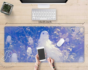 May include: A blue and white mousepad with a design of white ghosts in a forest. The mousepad is 16x35 inches and has the text "Raging Wonder World" and "Everything gaming" on the bottom left corner.
