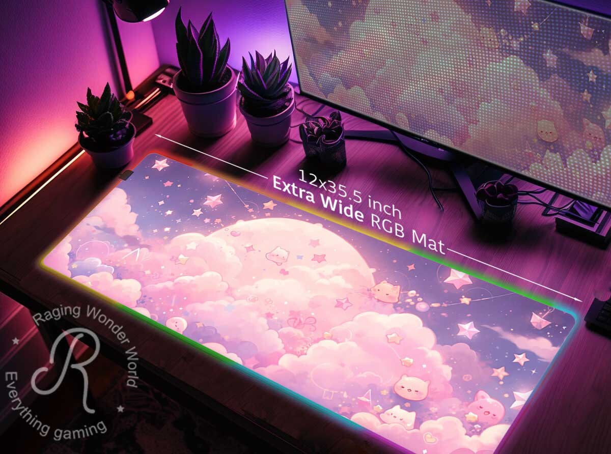 Kawaii Pink Cloud Cute Cats Anime XXL Desk Mat RGB, Big Moon Pastel ...