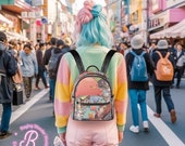 Kawaii Octopus creatures anime vegan leather backpack, Cute game art ita bag, mini Rave Harajuku backpack bag, women cute print backpack