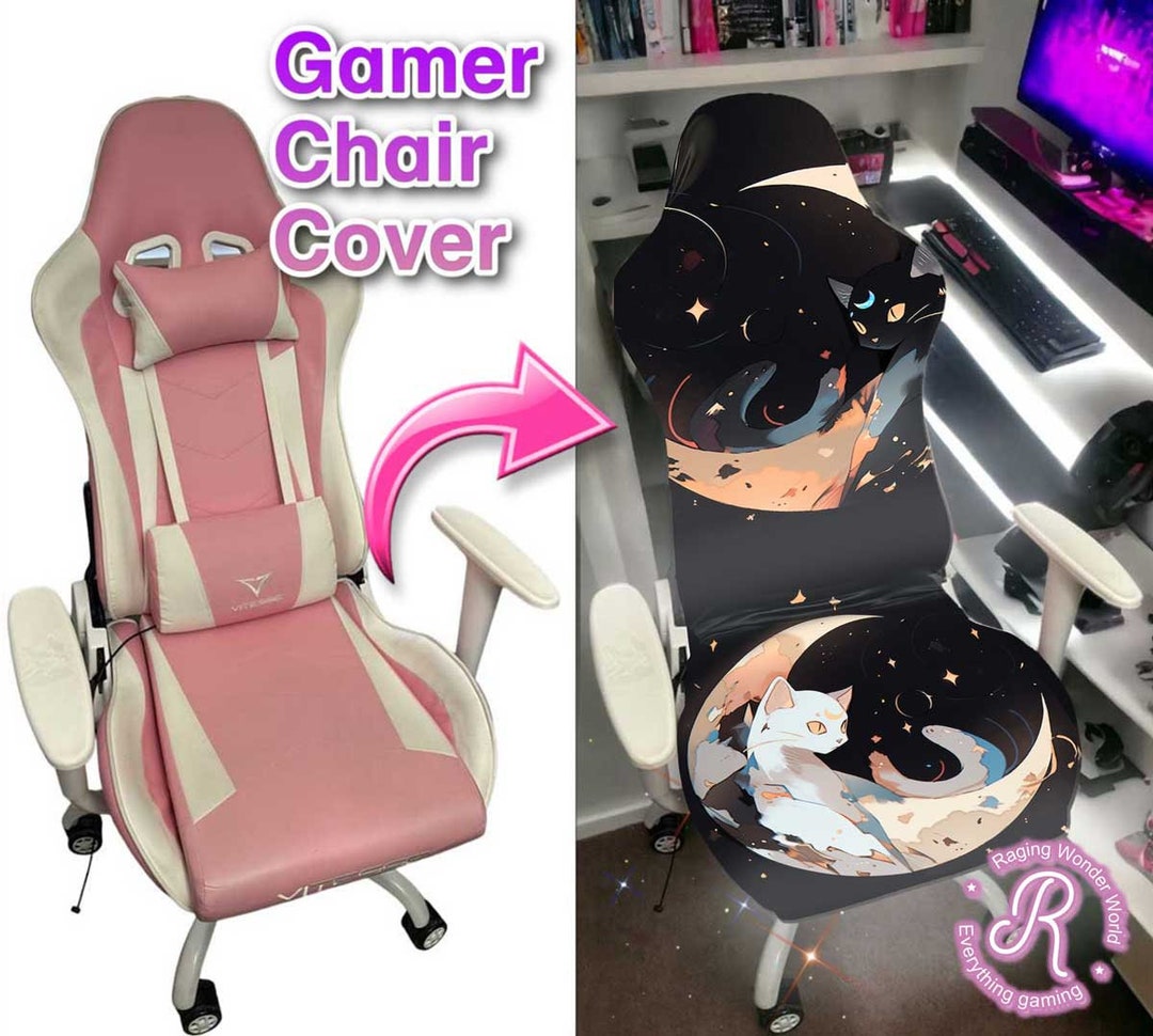 Anime Black White Lunar Moon Cats Gamer Chair Cover Black Gaming Room Chair Decor Kawaii Gamer Gift Universal Size Fit All Gamer Chairs Etsy