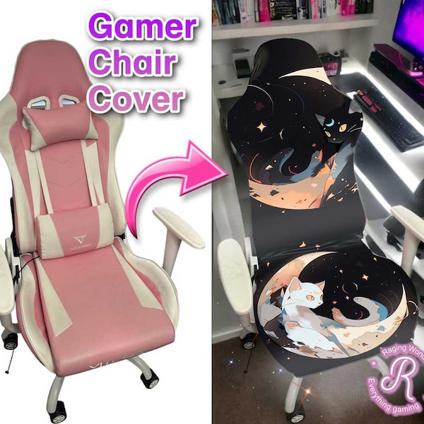 Anime Black White lunar moon cats Gamer chair cover, Black gaming room chair decor, kawaii gamer gift, Universal size fit all gamer chairs