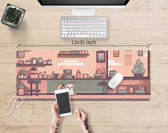 Puede incluir: Un ratón de ordenador ilustrado de color rosa y marrón con un gato de dibujos animados sentado frente a un mostrador de cafetería. El ratón de ordenador mide 12x31 pulgadas.