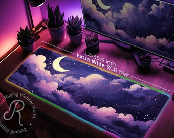 Lo-fi Vaporwave Purple sky Pixel art XXL desk mat RGB, Cute purple moon XXL Gaming mouse pad, Kawaii aesthetic extended mousepad wrist rest