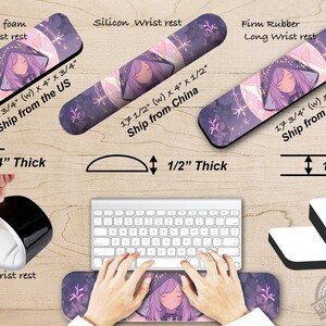 May include: Three wrist rests in different sizes and materials. The wrist rests are all decorated with a purple and pink anime-style character with a starry background. The wrist rests are labelled "Soft EVA foam Mini Wrist rest", "Silicon Wrist rest", and "Firm Rubber Long Wrist rest".