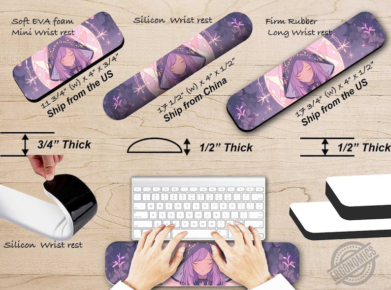 May include: Three wrist rests in different sizes and materials. The wrist rests are all decorated with a purple and pink anime-style character with a starry background. The wrist rests are labelled "Soft EVA foam Mini Wrist rest", "Silicon Wrist rest", and "Firm Rubber Long Wrist rest".