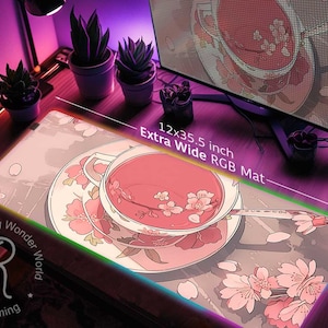 Kawaii Pink Cherry blossom tea Anime XXL desk mat RGB, Cute cottagecore Gaming mouse pad, Kawaii aesthetic silicone mousepad wrist rest gift
