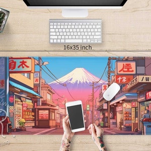 Retro Japanese Fuji Anime XXL desk mat RGB, Cute Tokyo streetscape large Gaming mouse pad, Kawaii aesthetic extended mousepad wrist rest