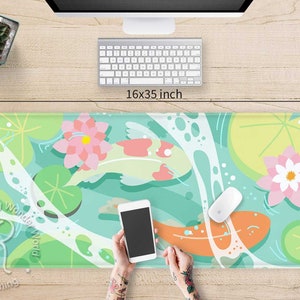 Pastel Green Koi fish Anime desk mat cute, Stitched edges Kawaii Japanese aesthetic gaming extended mouse pad, Ergonomic mousepad wrist rest