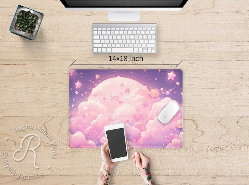 Kawaii Pink Cloud Cute Cats Anime XXL Desk Mat RGB, Big Moon Pastel ...