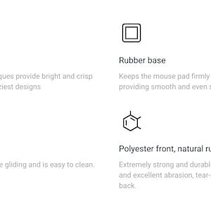 May include: Image showcasing features of a mouse pad. The text highlights vibrant colors, a rubber base for grip, a smooth surface for gliding, and a polyester front with a natural rubber back. The design is intended to be durable and easy to clean.
