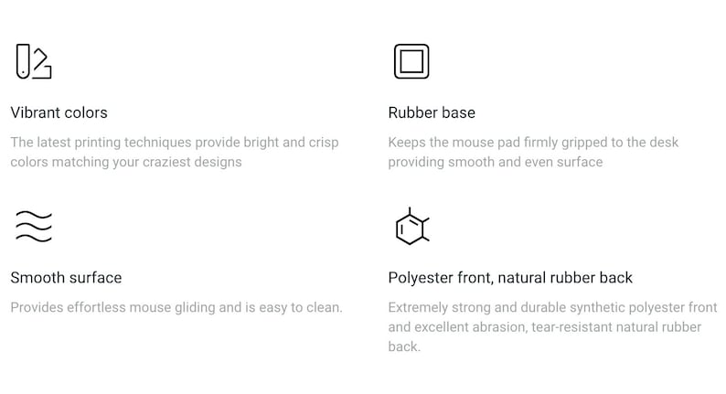 May include: Image showcasing features of a mouse pad. The text highlights vibrant colors, a rubber base for grip, a smooth surface for gliding, and a polyester front with a natural rubber back. The design is intended to be durable and easy to clean.