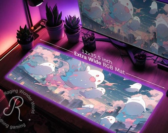 Cute Ghost Pastel desk mat Large, Stitched edges Japanese Anime spooky gaming mouse pad RGB, mousepad wrist rest kawaii aesthetic desk setup