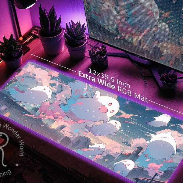 Cute Ghost Pastel desk mat Large, Stitched edges Japanese Anime spooky gaming mouse pad RGB, mousepad wrist rest kawaii aesthetic desk setup