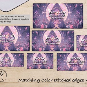 May include: A set of 10 different sized mouse mats featuring a purple and pink illustration of a woman with a crown of flowers. The mouse mats are available in sizes ranging from 30 cm by 80 cm to 60 cm by 120 cm. The mouse mats are stitched with a matching colour border.
