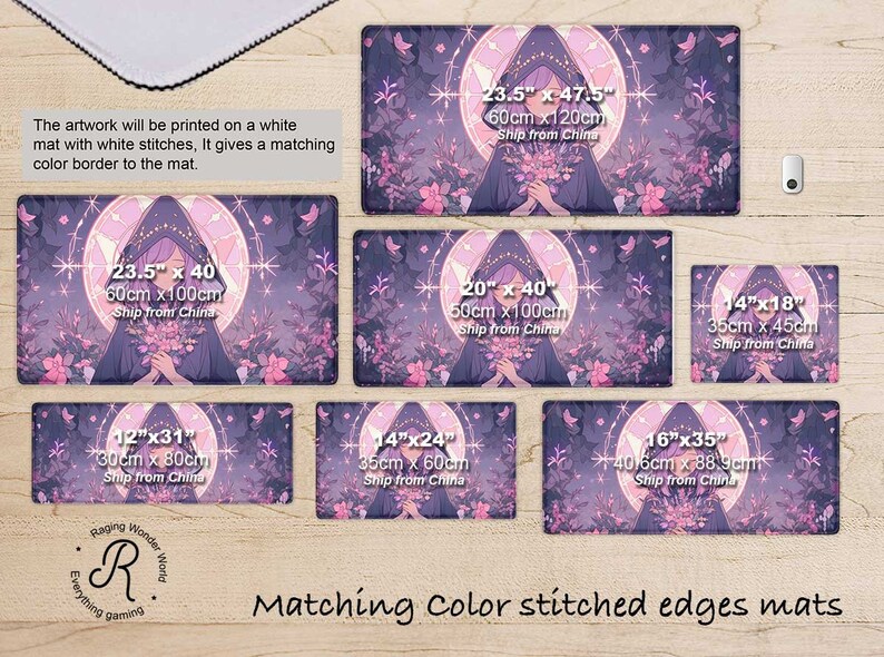 May include: A set of 10 different sized mouse mats featuring a purple and pink illustration of a woman with a crown of flowers. The mouse mats are available in sizes ranging from 30 cm by 80 cm to 60 cm by 120 cm. The mouse mats are stitched with a matching colour border.