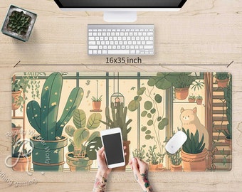 Kawaii Desk Mat Cat Greenhouse, Beige Mousepad Cute, Large XXL gaming deskmat, Plants lover Lo-Fi extended wide anime aesthetic mouse pad