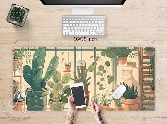 Kawaii Desk Mat Cat Greenhouse, Beige Mousepad Cute, Large XXL gaming deskmat, Plants lover Lo-Fi extended wide anime aesthetic mouse pad