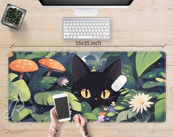 May include: A black cat peeks out from behind green leaves and mushrooms. The cat has yellow eyes and a black nose. The background is a green and brown forest scene. The text "Raging Wonder World" is visible in the bottom left corner.