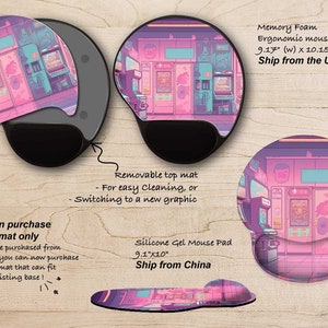 May include: Ergonomic mouse pad with a removable top mat. The design features a pink and purple arcade scene. The mouse pad is 9.17 inches wide and 10.15 inches long.