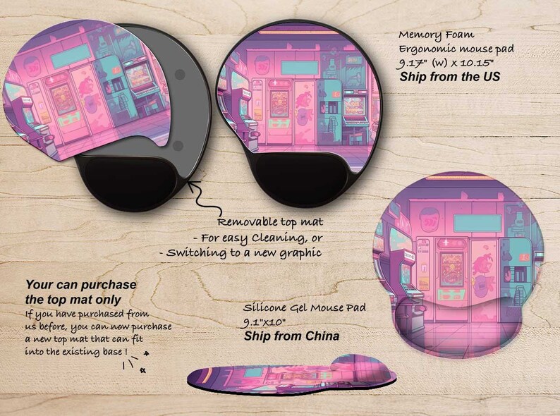 May include: Ergonomic mouse pad with a removable top mat. The design features a pink and purple arcade scene. The mouse pad is 9.17 inches wide and 10.15 inches long.