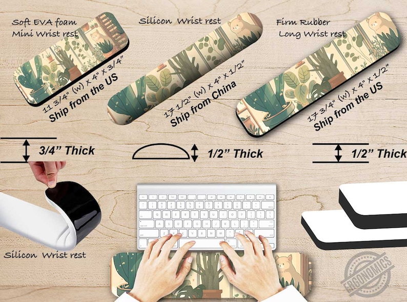 K&ouml;nnte beinhalten: Drei verschiedene Handgelenkauflagen f&uuml;r Computer-Tastaturen. Die erste ist eine weiche, schwarze Schaumstoff-Handgelenkauflage mit einem gr&uuml;n-wei&szlig;en Blumenmuster. Die zweite ist eine Silikon-Handgelenkauflage mit einem gr&uuml;n-wei&szlig;en Blumenmuster. Die dritte ist eine feste Gummi-Handgelenkauflage mit einem gr&uuml;n-wei&szlig;en Blumenmuster. Alle drei Handgelenkauflagen sind 1,27 cm dick.