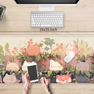 Lindos gatos en el jardín Lo-fi Anime XXL tapete de escritorio RGB, Lindo Pastel alfombrilla de ratón grande para juegos, Configuración de reposamuñecas extendida estética Kawaii