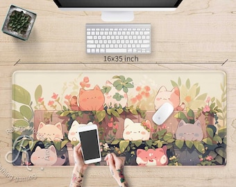 Cute cats in garden Lo-fi Anime XXL desk mat RGB, Cute Pastel large Gaming mouse pad, Kawaii aesthetic extended mousepad wrist rest setup
