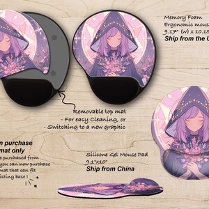 May include: Two mouse pads with a removable top mat featuring a purple-haired character in a hooded cloak. The top mat is interchangeable. The mouse pad on the left is made of memory foam and measures 9.17 inches by 10.15 inches. The mouse pad on the right is made of silicone gel and measures 9.1 inches by 10 inches.